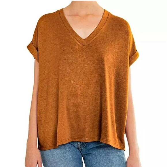 Mod Ref Women's Rust Rolled Cuff Short Sleeve V-Neck Lightweight Top Medium - Picture 1 of 13